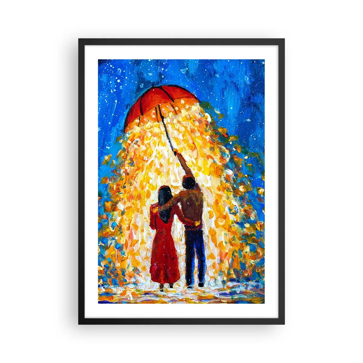 Póster en marco negro - Una pareja romántica bajo una sombrilla llena de luz. - 50x70cm - La magia de una tarde lluviosa - Decoración de pared moderna para salón y dormitorio ARTTOR