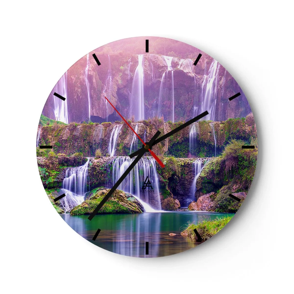 Reloj de pared - Reloj de vidrio - Una cascada rodeada de vegetación con reflejos de luz en tono rosa. - 30x30cm - Escalera al cielo - Decoración de pared moderna para salón, cocina y dormitorio ARTTOR
