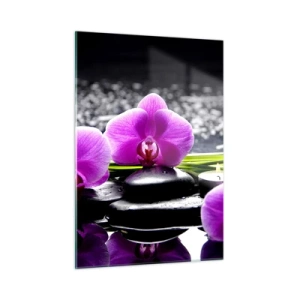 Cuadro sobre vidrio - Impresiones sobre Vidrio - Orquídeas moradas con piedras y velas sobre un fondo de agua. - 50x70cm - Ahogarse en la paz y la tranquilidad - Decoración de pared moderna para salón y dormitorio ARTTOR