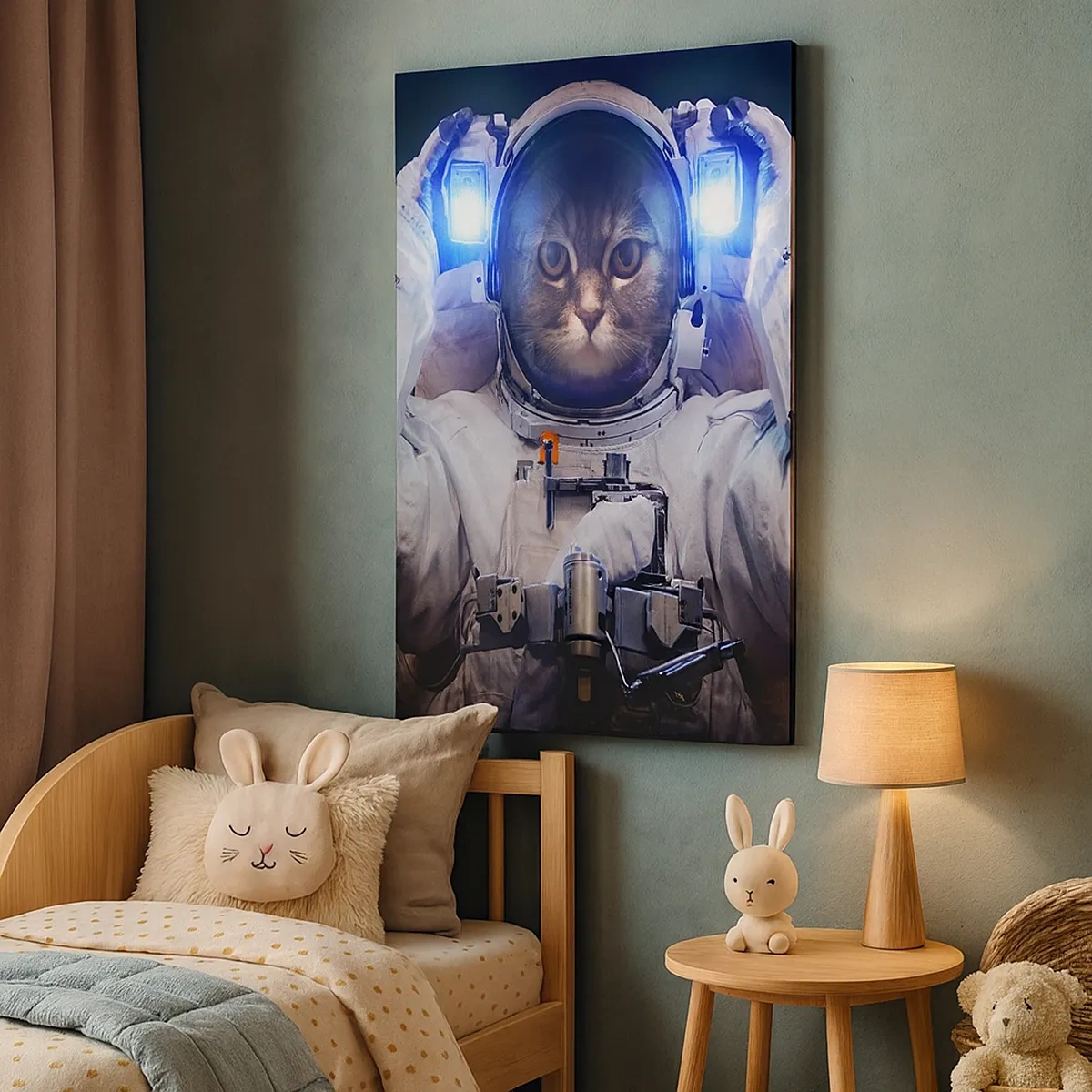 Cuadro sobre lienzo - Impresión de Imagen - Un gato en un traje de astronauta con la Tierra al fondo y una luz brillante. - 50x70cm - Houston, tienes un problema. - Decoración de pared moderna para salón y dormitorio ARTTOR