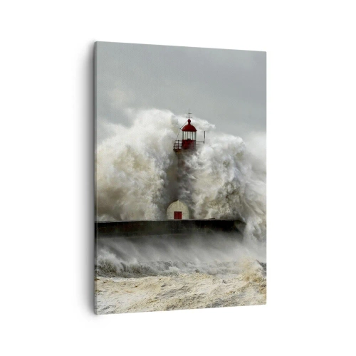 Cuadro sobre lienzo - Impresión de Imagen - Un faro rodeado de fuertes olas durante una tormenta. - 50x70cm - La furia del océano - Decoración de pared moderna para salón y dormitorio ARTTOR