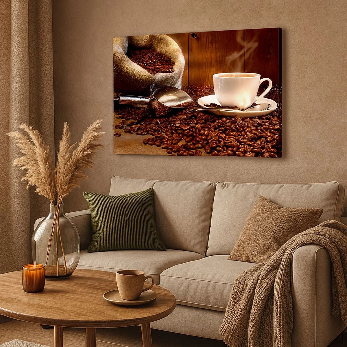 Cuadro sobre lienzo - Impresión de Imagen - Una taza de café con granos de café y una bolsa de granos al fondo. - 70x50cm - ¿Hueles eso? - Decoración de pared moderna para salón y dormitorio ARTTOR