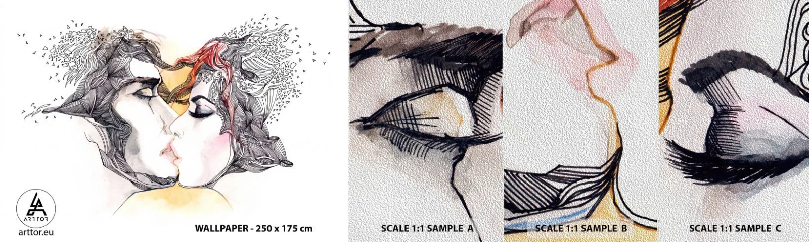 Muestra de fotomural Premium Sand - El mundo no importa - Abstracción, pareja de enamorados, Beso - 100x30 cm