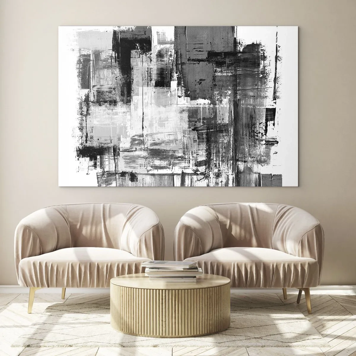 Cuadro sobre vidrio - Impresiones sobre Vidrio - Abstracción en blanco y negro con estructura geométrica. - 120x80cm - El gris es hermoso - Decoración de pared moderna para salón y dormitorio ARTTOR