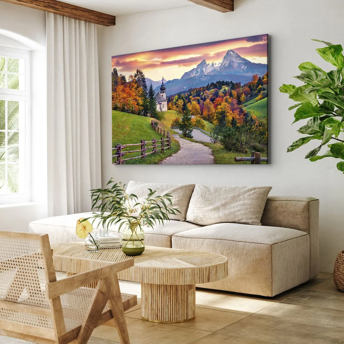 Cuadro sobre lienzo - Impresión de Imagen - Paisaje otoñal de montaña con capilla y puesta de sol. - 70x50cm - Paisaje como una pintura - Decoración de pared moderna para salón y dormitorio ARTTOR