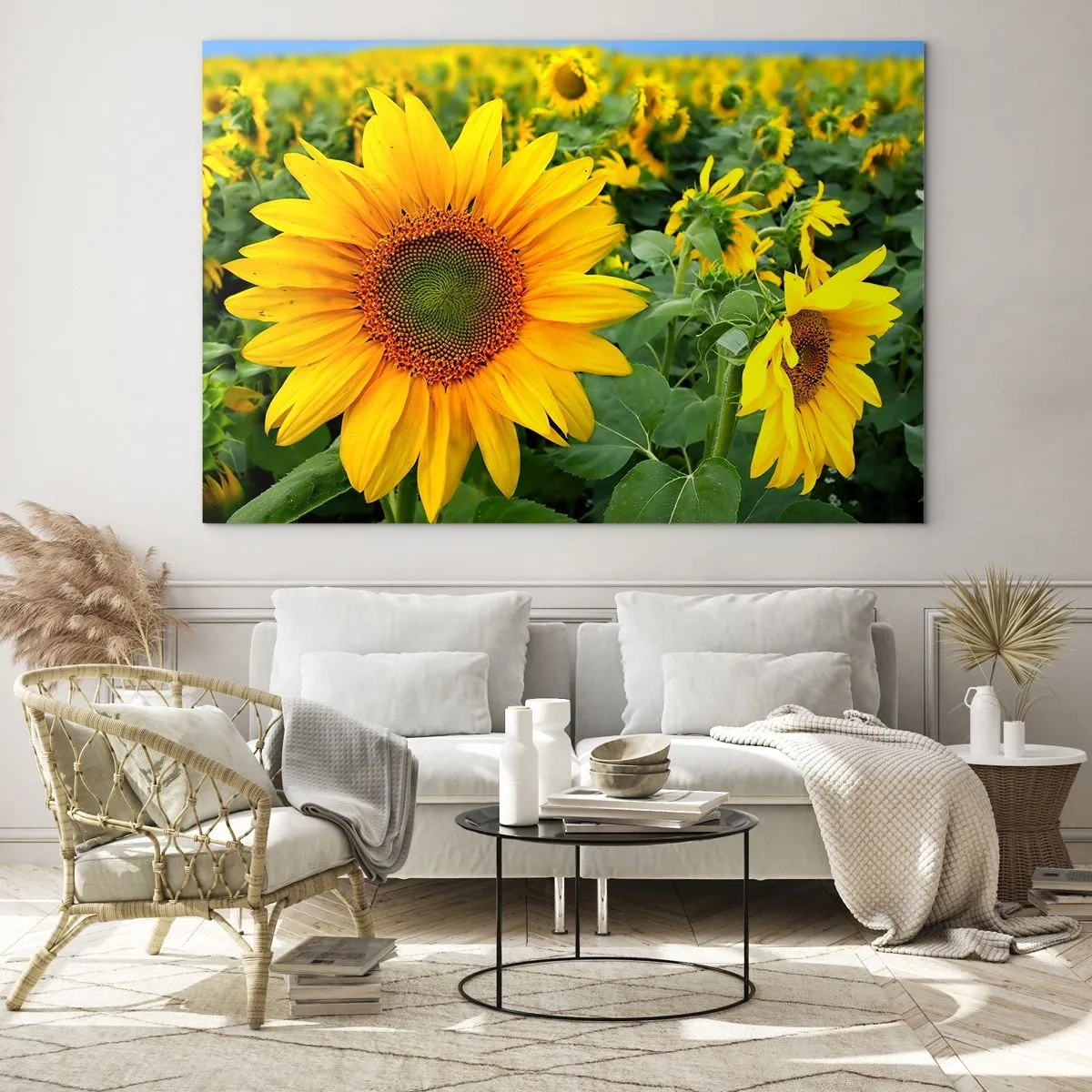 Cuadro sobre vidrio - Impresiones sobre Vidrio - Un campo de girasoles en plena floración bajo un cielo azul. - 70x50cm - Cientos de soles estallan - Decoración de pared moderna para salón y dormitorio ARTTOR