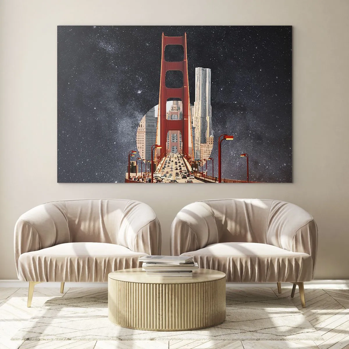 Cuadro sobre vidrio - Impresiones sobre Vidrio - Puente y rascacielos sobre un fondo de galaxia surrealista - 100x70cm - Siempre en el centro - Decoración de pared moderna para salón y dormitorio ARTTOR