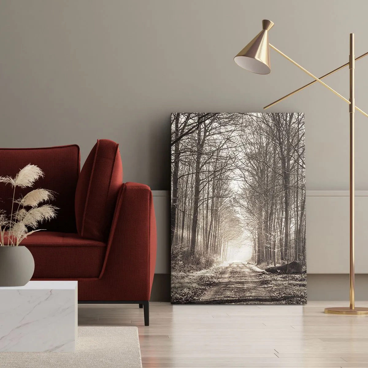 Cuadro sobre lienzo - Impresión de Imagen - Un sendero forestal entre árboles en tonos sepia. - 50x70cm - La catedral del bosque - Decoración de pared moderna para salón y dormitorio ARTTOR
