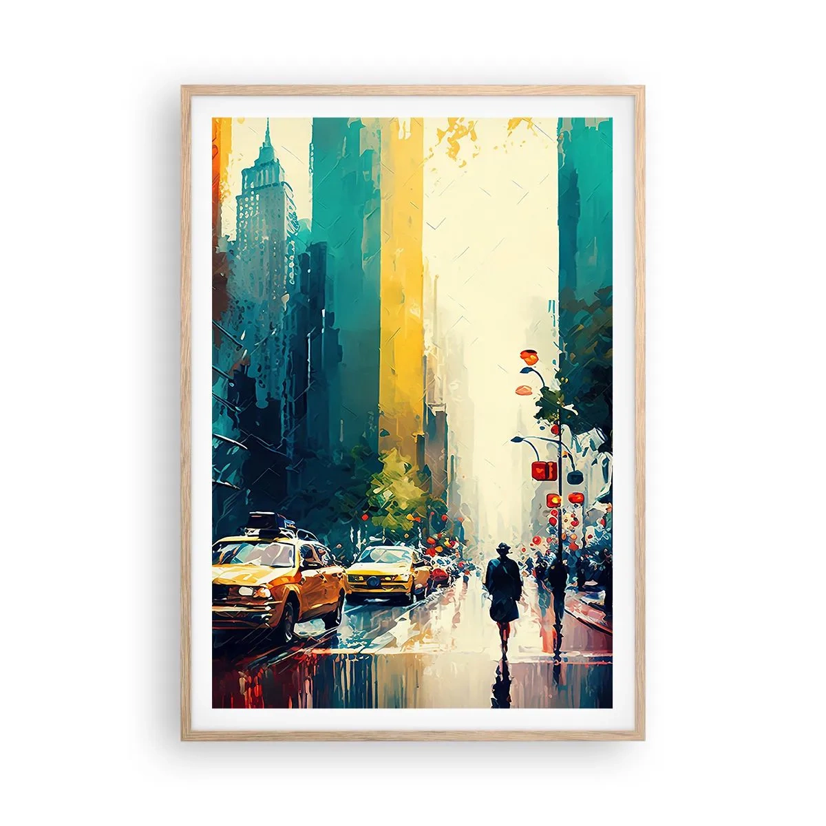 Póster en marco roble claro - Nueva York - hasta la lluvia es colorida - 70x100 cm