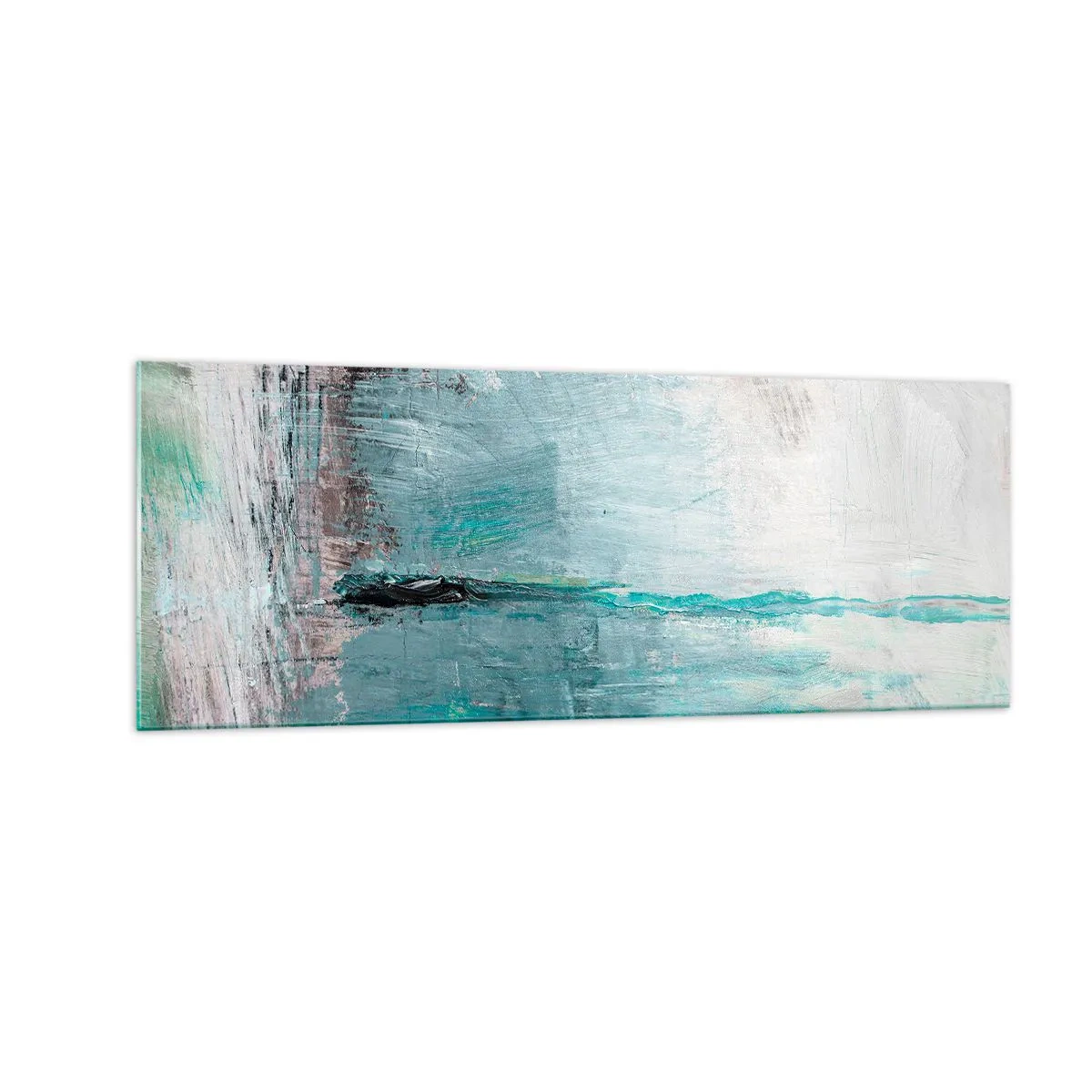 Cuadro sobre vidrio - Impresiones sobre Vidrio - Abstracción en tonos turquesa y gris. - 140x50cm - Horizontalmente sobre el azul - Decoración de pared moderna para salón y dormitorio ARTTOR
