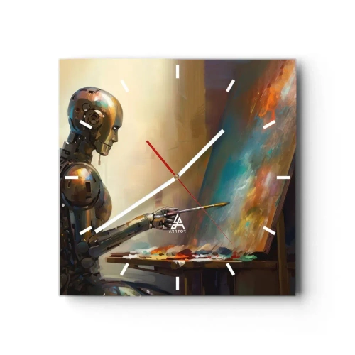Reloj de pared - Reloj de vidrio - Un robot pintando sobre un lienzo con un estilo artístico. - 30x30cm - Arte del futuro - Decoración de pared moderna para salón y dormitorio ARTTOR