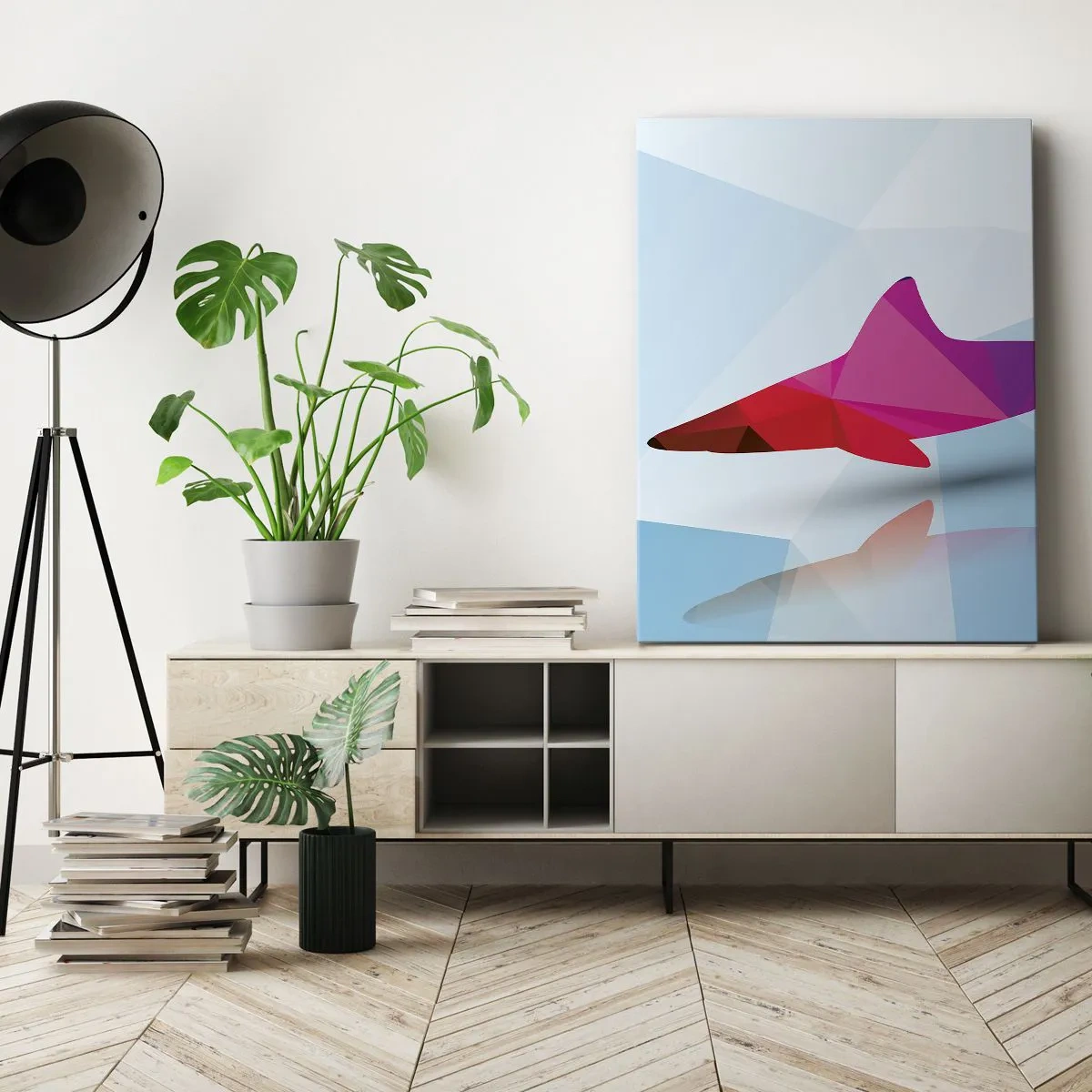 Cuadro sobre lienzo - Impresión de Imagen - Silueta geométrica de tiburón en tonos rosa y azul. - 50x70cm - Tiburón en espacio cristalino - Decoración de pared moderna para salón y dormitorio ARTTOR