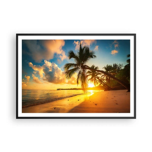 Póster en marco negro - Playa al atardecer con palmeras en la orilla del mar - 100x70cm - Un sueño caribeño - Decoración de pared moderna para salón y dormitorio ARTTOR