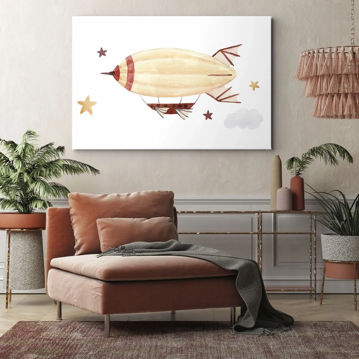 Cuadro sobre lienzo - Impresión de Imagen - Un dirigible pintado a mano con un fondo de estrellas. - 70x50cm - Dirigible - Decoración de pared moderna para salón y dormitorio ARTTOR