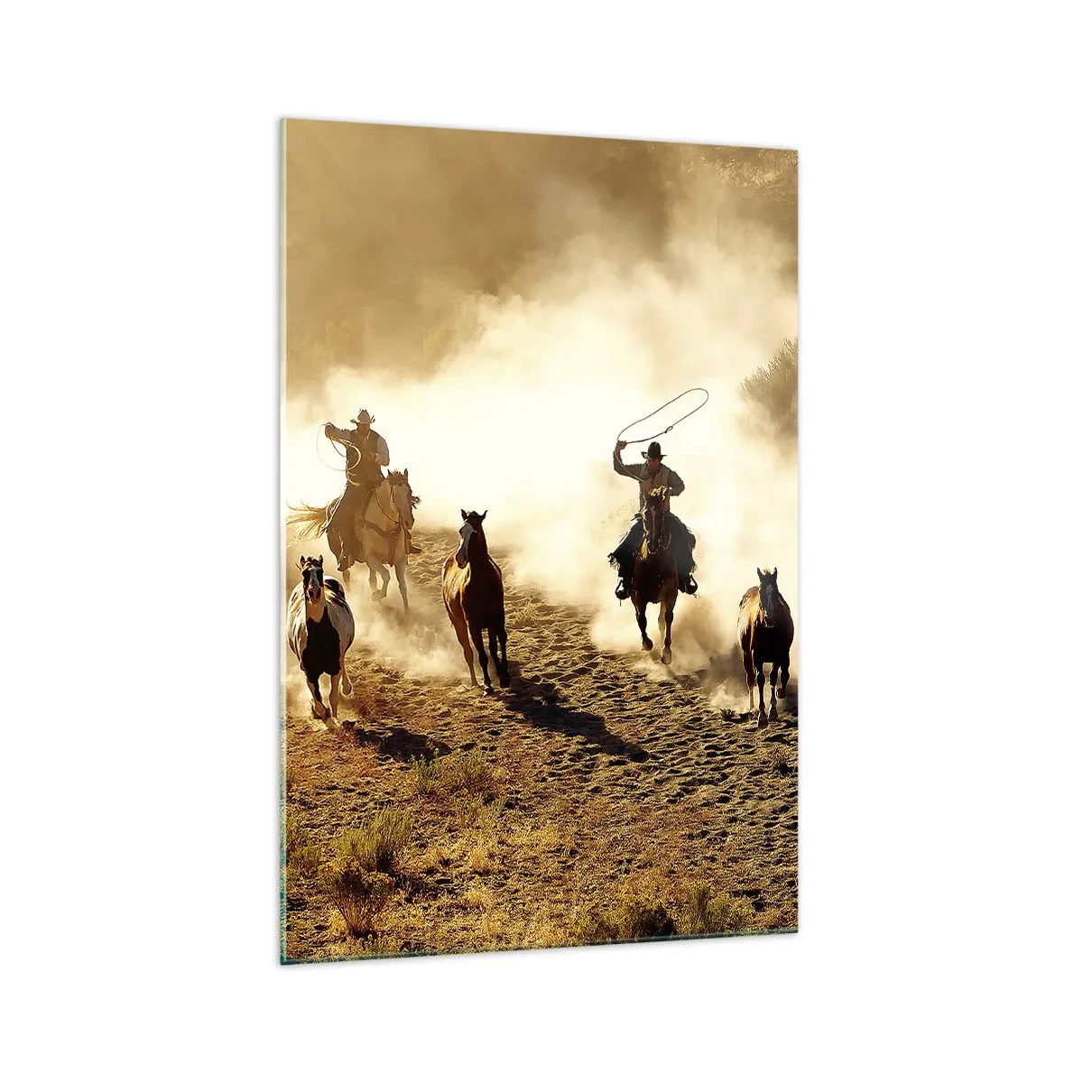Cuadro sobre vidrio - Impresiones sobre Vidrio - Vaqueros a caballo en acción en el terreno desértico. - 70x100cm - El salvaje oeste - Decoración de pared moderna para salón y dormitorio ARTTOR