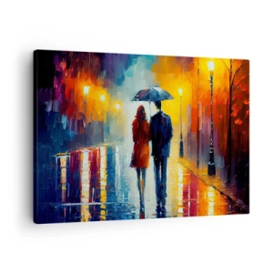 Cuadro sobre lienzo - Impresión de Imagen - Una pareja bajo un paraguas caminando por una colorida ciudad nocturna. - 70x50cm - Juntos en una noche llena de color - Decoración de pared moderna para salón y dormitorio ARTTOR