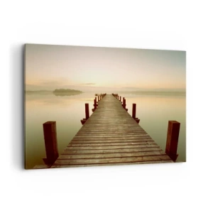 Cuadro sobre lienzo - Impresión de Imagen - Un embarcadero de madera en un lago tranquilo por la mañana. - 100x70cm - Antes del amanecer, al amanecer, la luz - Decoración de pared moderna para salón y dormitorio ARTTOR