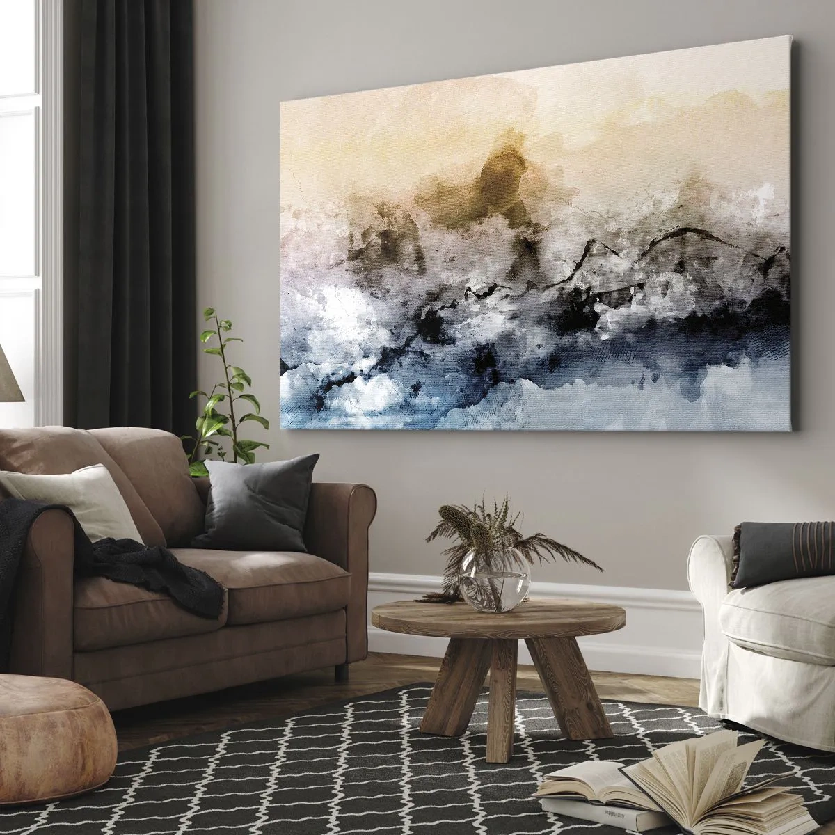 Cuadro sobre lienzo - Impresión de Imagen - Paisaje abstracto con niebla y colores sutiles. - 70x50cm - Hundido en una nube de niebla - Decoración de pared moderna para salón y dormitorio ARTTOR