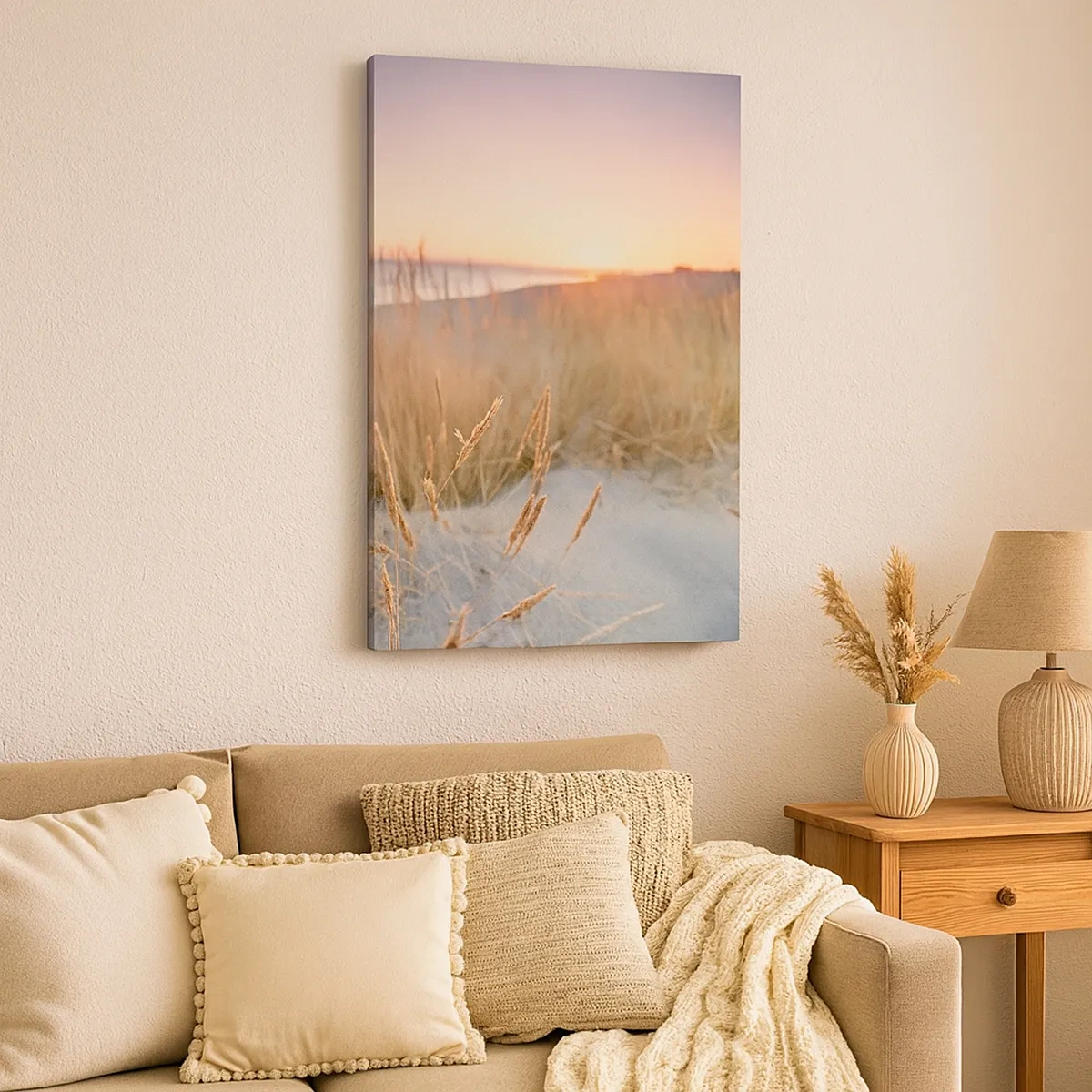 Cuadro sobre lienzo - Impresión de Imagen - Playa al atardecer con hierbas altas - 50x70cm - Dulce nana del Báltico - Decoración de pared moderna para salón y dormitorio ARTTOR