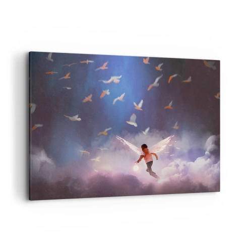 Cuadro sobre lienzo - Impresión de Imagen - Una figura con alas de ángel flotando entre pájaros en el cielo. - 120x80cm - Imaginación y valor - Decoración de pared moderna para salón y dormitorio ARTTOR