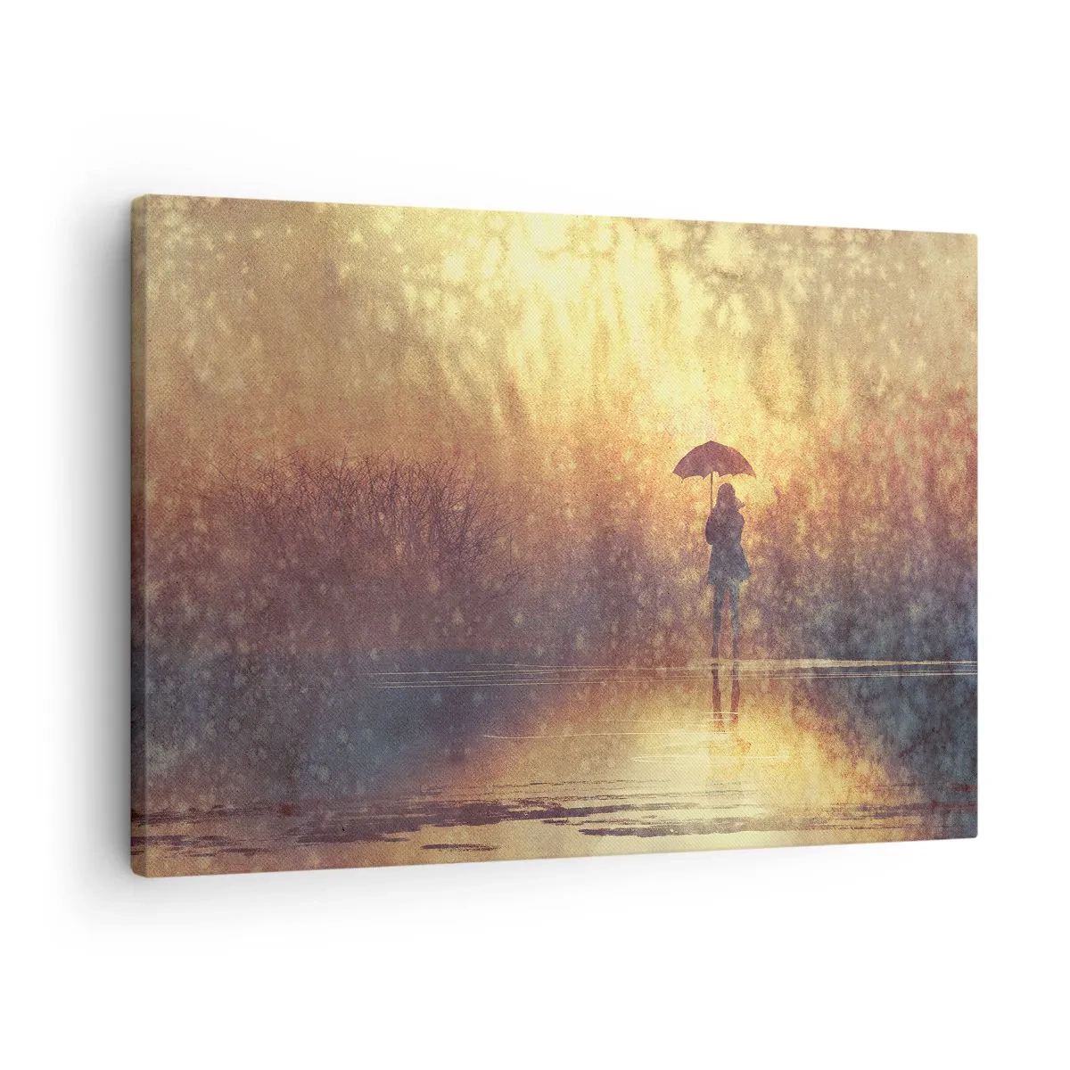 Cuadro sobre lienzo - Impresión de Imagen - Una figura con un paraguas en un paisaje brumoso lleno de reflejos. - 70x50cm - Siento que alguien me mira - Decoración de pared moderna para salón y dormitorio ARTTOR