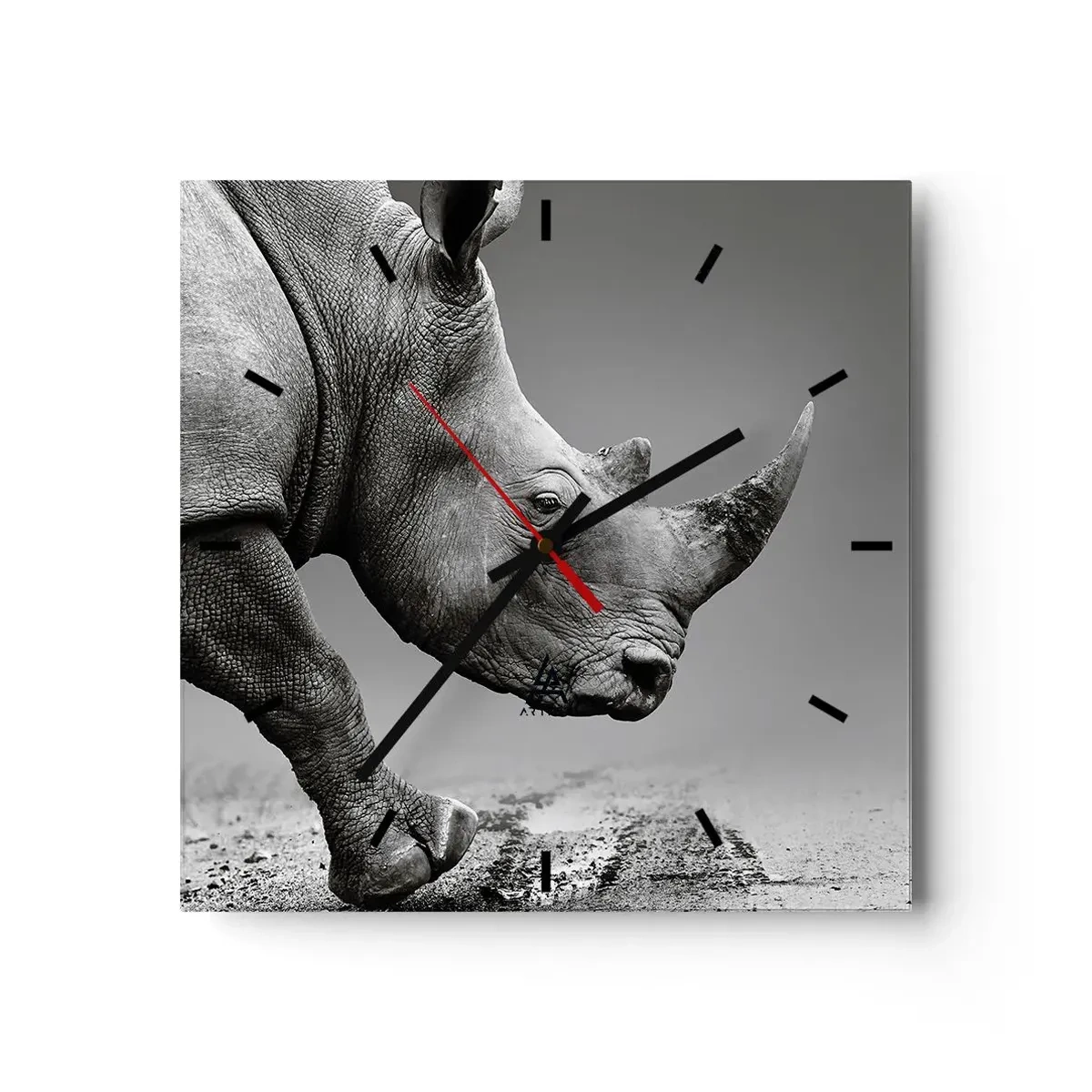 Reloj de pared - Reloj de vidrio - Retrato de un rinoceronte con el telón de fondo de un desierto gris. - 30x30cm - Fuerza imparable - Decoración de pared moderna para salón y dormitorio ARTTOR