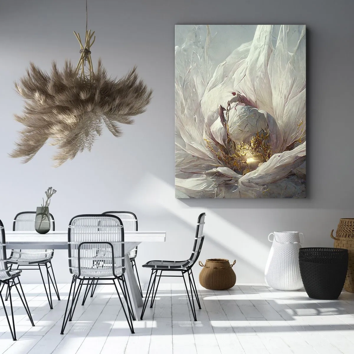 Cuadro sobre lienzo - Impresión de Imagen - Una delicada flor blanca con sutiles acentos dorados. - 50x70cm - Florece una vez cada cien años - Decoración de pared moderna para salón y dormitorio ARTTOR