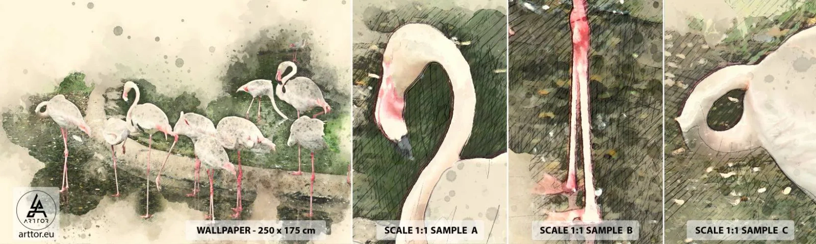 Muestra De Fotomural Standard Eco - Un sueño exótico - Aves, flamencos, Naturaleza - 100x30 cm