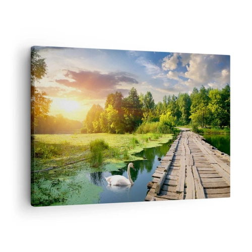 Cuadro sobre lienzo - Impresión de Imagen - Un paisaje pintoresco con un puente y un cisne. - 70x50cm - Verano, verano en todas partes - Decoración de pared moderna para salón y dormitorio ARTTOR