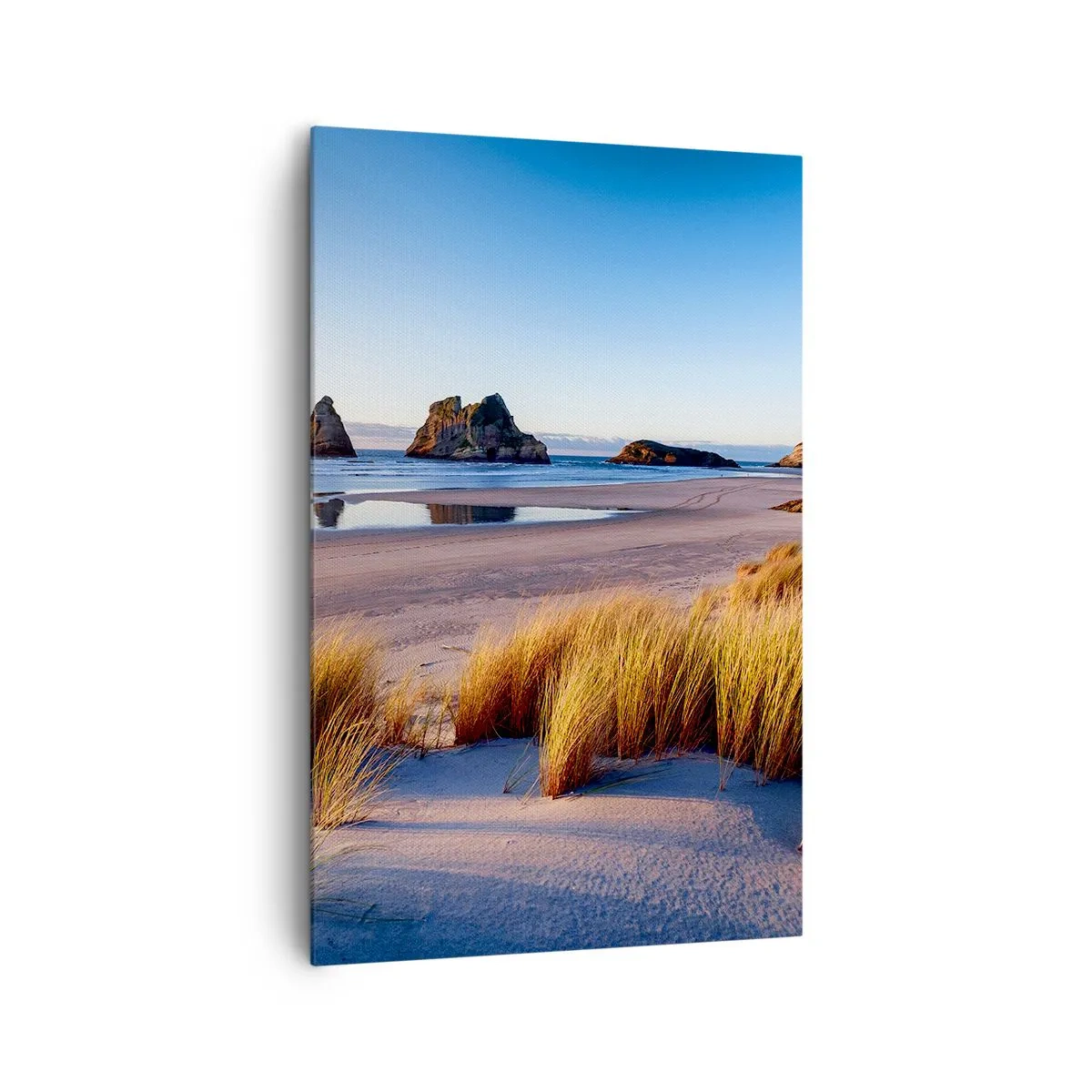 Cuadro sobre lienzo - Impresión de Imagen - Una playa pintoresca con vistas a las rocas y al mar al atardecer. - 80x120cm - Para buscadores de tranquilidad - Decoración de pared moderna para salón y dormitorio ARTTOR