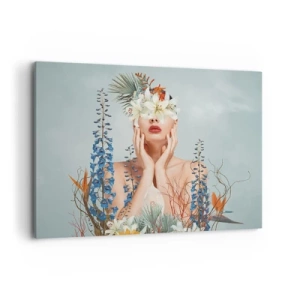 Cuadro sobre lienzo - Impresión de Imagen - Retrato de una mujer con un motivo floral sobre un fondo azul. - 100x70cm - Mujer-flor - Decoración de pared moderna para salón y dormitorio ARTTOR
