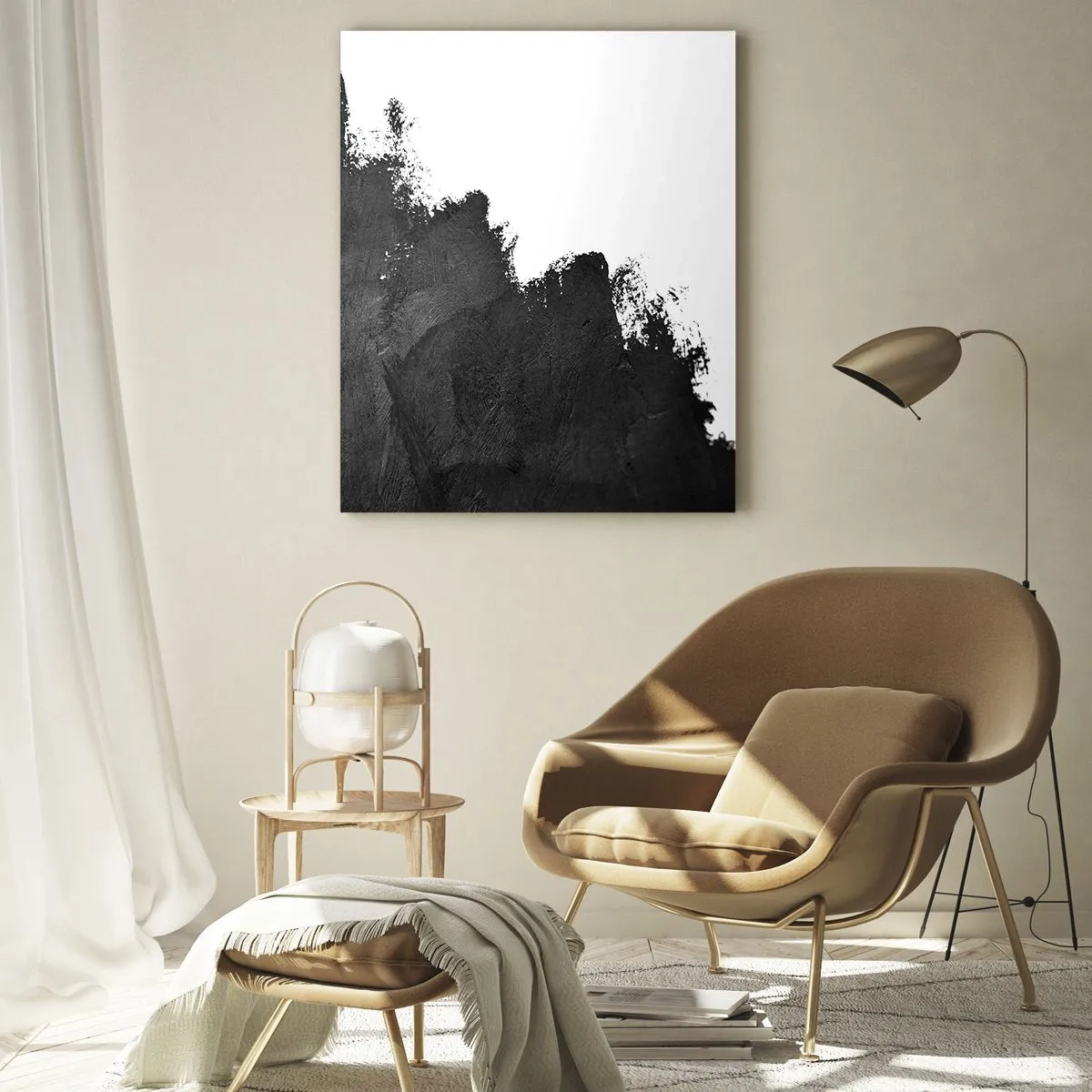 Cuadro sobre vidrio - Impresiones sobre Vidrio - Abstracción en blanco y negro con pinceladas contrastantes. - 80x120cm - Elementos: tierra - Decoración de pared moderna para salón y dormitorio ARTTOR