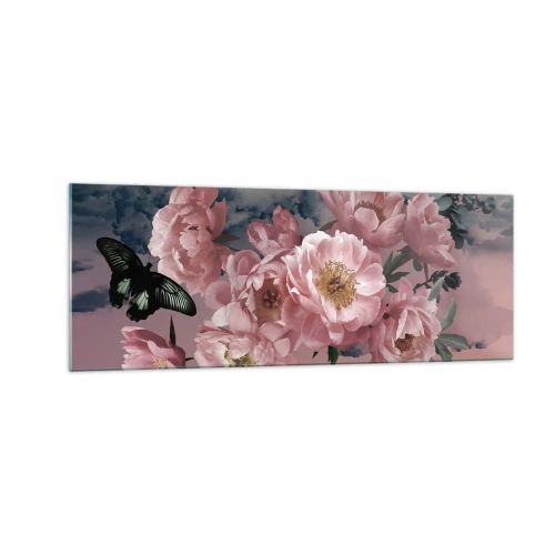 Cuadro sobre vidrio - Impresiones sobre Vidrio - Peonías rosas con una mariposa sobre un fondo pastel. - 140x50cm - La cúspide del romance - Decoración de pared moderna para salón y dormitorio ARTTOR