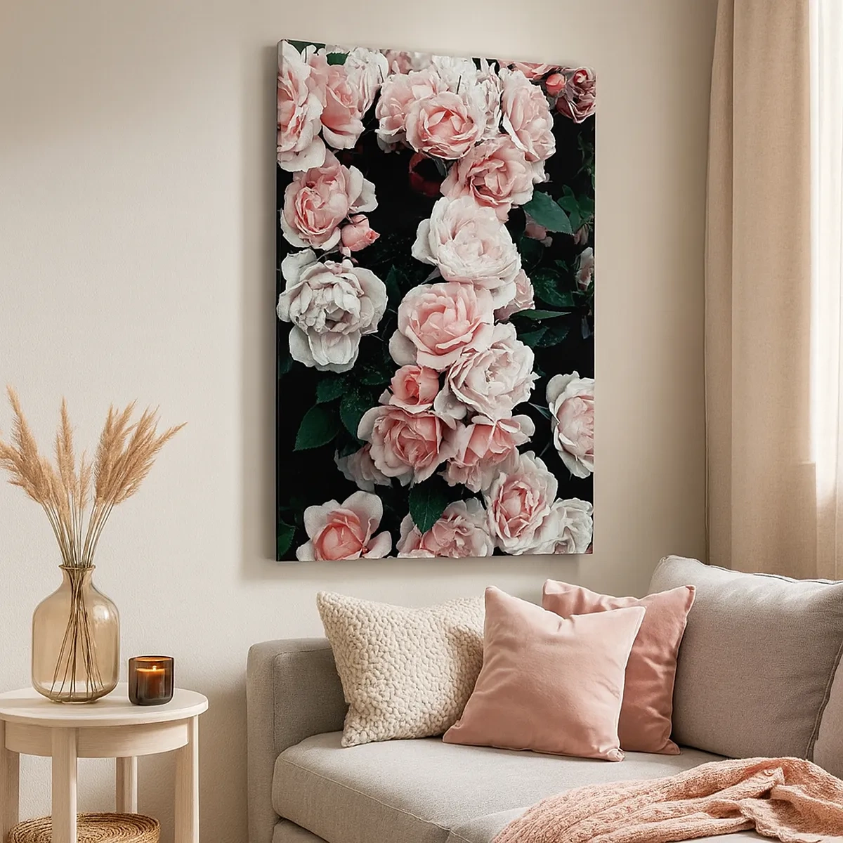 Cuadro sobre lienzo - Impresión de Imagen - Rosas rosadas sobre un fondo oscuro en una composición sutil. - 50x70cm - Conjunto de rosas - Decoración de pared moderna para salón y dormitorio ARTTOR