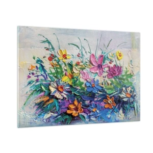 Cuadro sobre vidrio - Impresiones sobre Vidrio - Un arreglo floral colorido en estilo pictórico. - 100x70cm - La energía de las flores - Decoración de pared moderna para salón y dormitorio ARTTOR