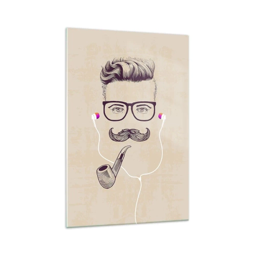 Cuadro sobre vidrio - Impresiones sobre Vidrio - Retrato retro de un hombre con pipa, auriculares y gafas. - 70x100cm - Moda masculina - Decoración de pared moderna para salón y dormitorio ARTTOR