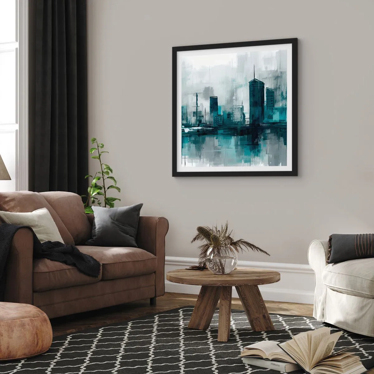 Póster en marco negro - Ciudad color lluvia - 40x40 cm