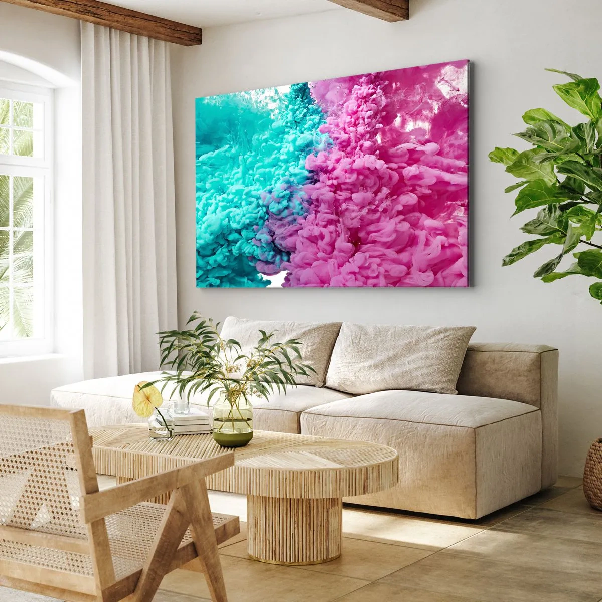 Cuadro sobre lienzo - Impresión de Imagen - Ondas coloridas de color turquesa y rosa en forma abstracta. - 70x50cm - Un choque decisivo - Decoración de pared moderna para salón y dormitorio ARTTOR