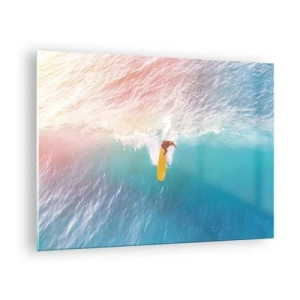 Cuadro sobre vidrio - Impresiones sobre Vidrio - Surfista montando una ola en el océano turquesa - 70x50cm - Jinete del océano - Decoración de pared moderna para salón y dormitorio ARTTOR