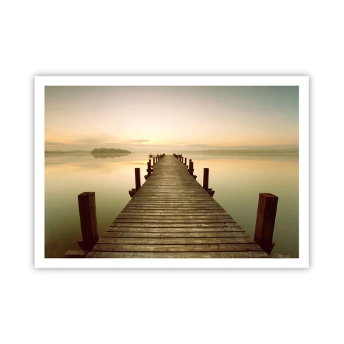 Póster - Un embarcadero de madera en un lago tranquilo por la mañana. - 100x70cm - Antes del amanecer, al amanecer, la luz - Decoración de pared moderna para salón y dormitorio ARTTOR