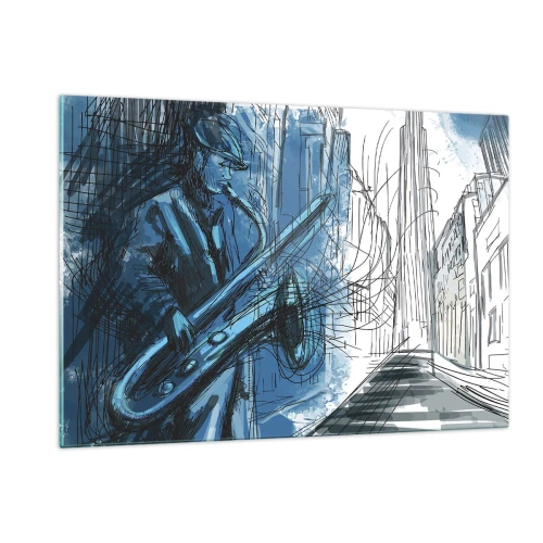 Cuadro sobre vidrio - Impresiones sobre Vidrio - Saxofonista de jazz en un entorno urbano de tonos azules - 120x80cm - Rapsodia urbana - Decoración de pared moderna para salón y dormitorio ARTTOR