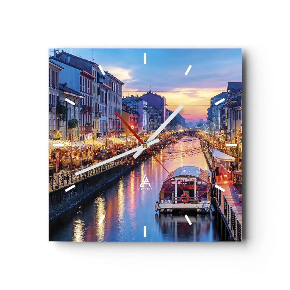 Reloj de pared - Reloj de vidrio - Un canal con iluminación rodeado de edificios coloridos. - 30x30cm - Una noche de luz y diversión - Decoración de pared moderna para salón y dormitorio ARTTOR