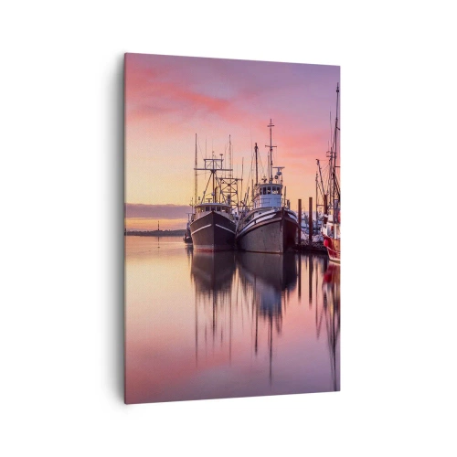 Cuadro sobre lienzo - Impresión de Imagen - Barcos de pesca en el puerto al atardecer - 70x100cm - Descanso antes de partir - Decoración de pared moderna para salón y dormitorio ARTTOR