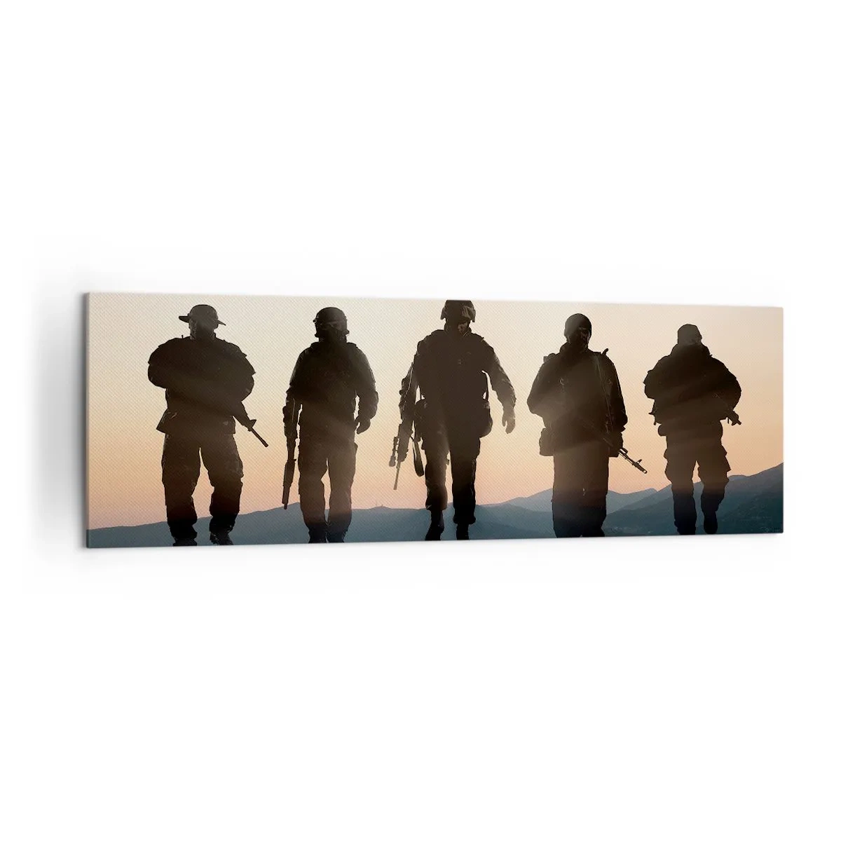 Cuadro sobre lienzo - Impresión de Imagen - Siluetas de soldados y aviones de combate contra el fondo del atardecer. - 160x50cm - Bienvenido a nuestro mundo - Decoración de pared moderna para salón y dormitorio ARTTOR