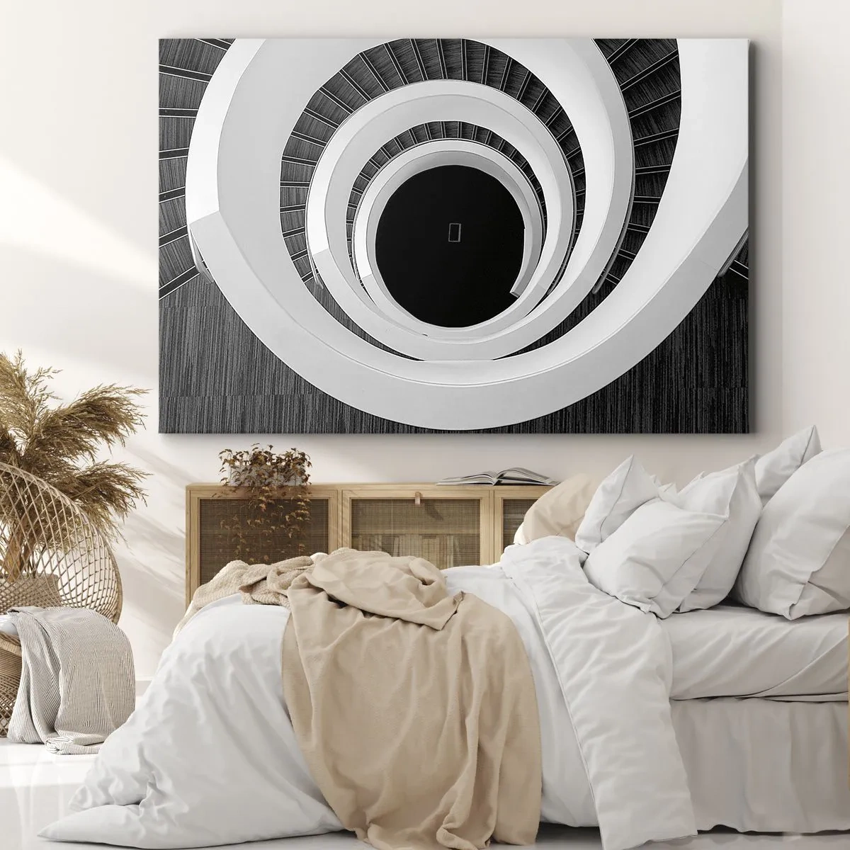 Cuadro sobre lienzo - Impresión de Imagen - Escalera de caracol en blanco y negro de estilo moderno. - 100x70cm - Hacia el origen - Decoración de pared moderna para salón y dormitorio ARTTOR