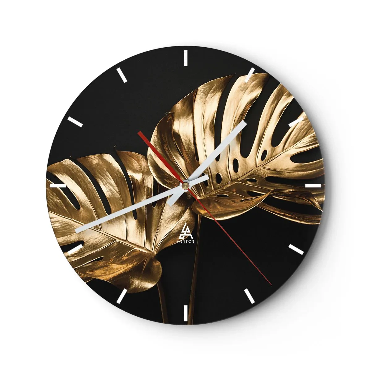 Reloj de pared - Reloj de vidrio - Hojas de monstera doradas sobre un fondo negro en una elegante composición. - 30x30cm - Tesoros de la naturaleza - Decoración de pared moderna para salón, cocina y dormitorio ARTTOR
