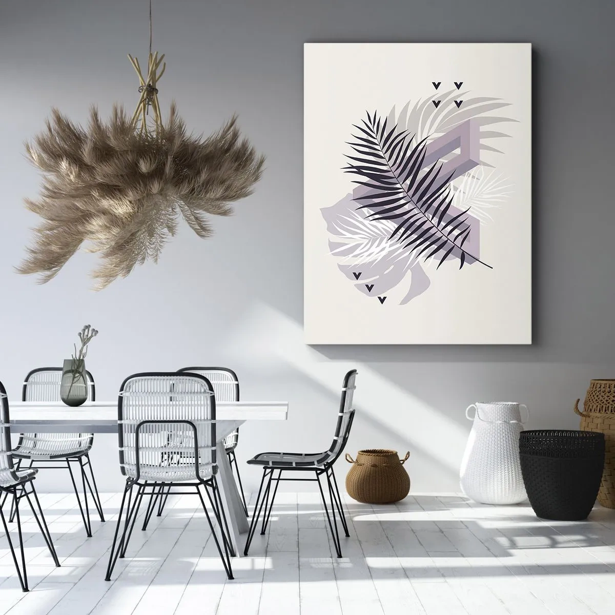 Cuadro sobre lienzo - Impresión de Imagen - Una composición minimalista con hojas y formas geométricas. - 50x70cm - La sombra de una sombra - Decoración de pared moderna para salón y dormitorio ARTTOR