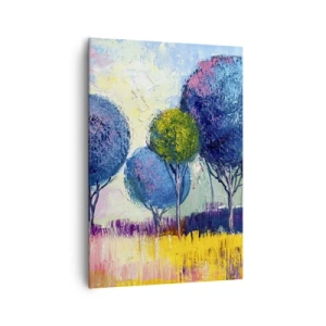 Cuadro sobre lienzo - Impresión de Imagen - Árboles coloridos en forma de bola con el paisaje como telón de fondo - 70x100cm - Una esfera: la forma de un ideal - Decoración de pared moderna para salón y dormitorio ARTTOR