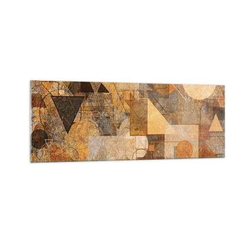 Cuadro sobre vidrio - Impresiones sobre Vidrio - Figuras geométricas abstractas en tonos cálidos. - 140x50cm - Estudio cubista en bronce - Decoración de pared moderna para salón y dormitorio ARTTOR