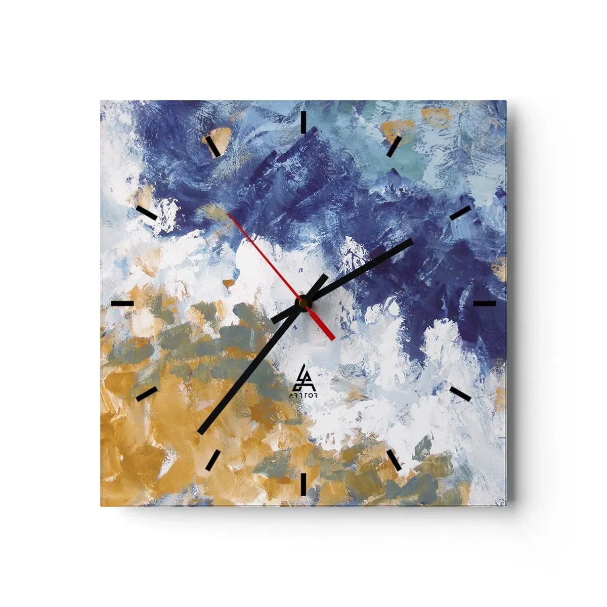 Reloj de pared - Reloj de vidrio - Abstracción en tonos azules, blancos y dorados. - 30x30cm - Danza de los elementos - Decoración de pared moderna para salón y dormitorio ARTTOR